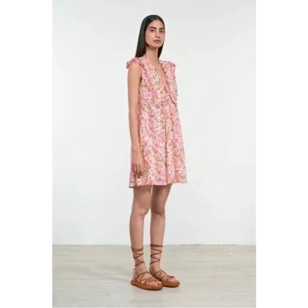 Banjanan Pink Green Floral Ellian Dress Flutter Cap Sleeve Size Small - Picture 2 of 12